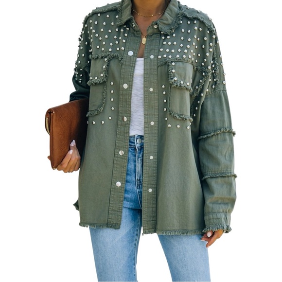 Fantastic Fawn Size S Olive Green Relaxed Fit Silver Studs Raw Seams Jacket NWOT - Picture 1 of 9